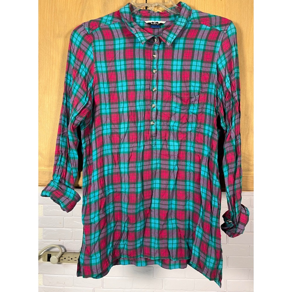 KAVU Plaid Tunic Shirt Women Large Pink Teal Green Long Sleeve Rayon Top